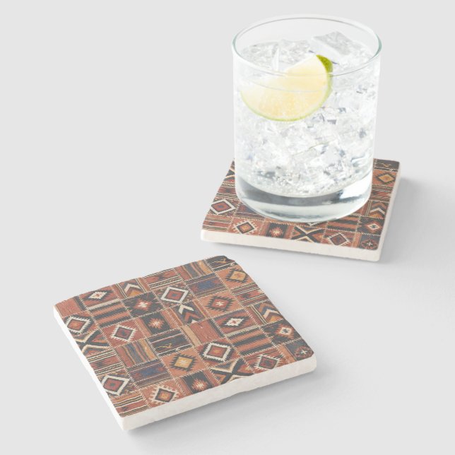 Rustikaler Patchwork-Kilim-Geometrie-Teppich Steinuntersetzer (Seitenansicht)