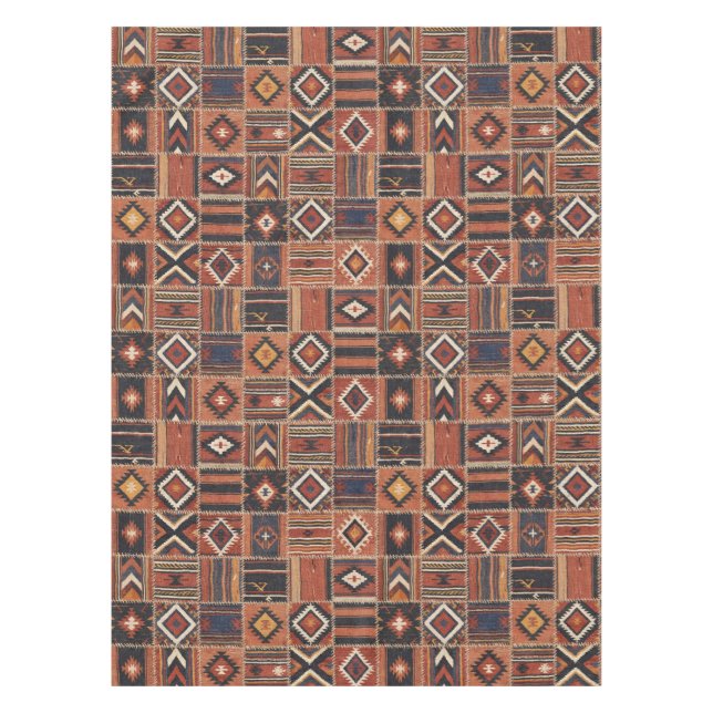 Rustikaler Patchwork-Kilim-Geometrie-Teppich Tischdecke (Vorderseite)