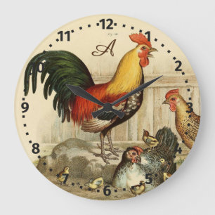 Rustikaler personalisierter bunter Hahn Huhn rund Große Wanduhr