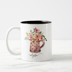 Rustikaler Pfirsich und Mauve Wasserfarbe Zweifarbige Tasse