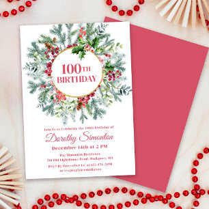 Rustikaler Pine Holly Berry Wreath 100. Geburtstag Einladung