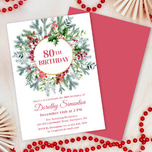 Rustikaler Pine Holly Berry Wreath 80. Geburtstag Einladung