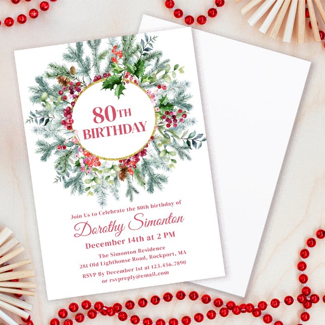 Rustikaler Pine Holly Berry Wreath 80. Geburtstag Einladung (Need matching party supplies? Welcome signs, napkins, paper plates. Something else? Message me!)