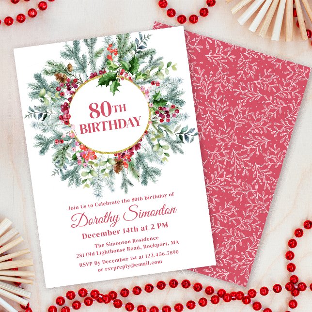 Rustikaler Pine Holly Berry Wreath 80. Geburtstag Einladung (Need matching party supplies? Welcom signs, napkins, balloons. Something else? Message me!)