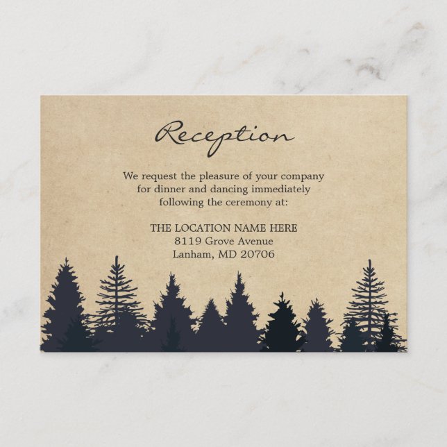 Rustikaler Pine Trees Kraft Wedding Details Empfan Begleitkarte (Vorderseite)