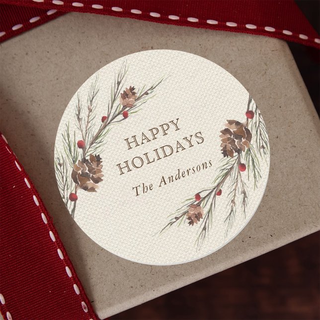 Rustikaler Pinecone Weihnachtsurlaub Runder Aufkleber (Von Creator hochgeladen)