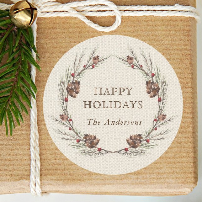 Rustikaler Pinecone Wreath Weihnachtsfeiertag Runder Aufkleber (Von Creator hochgeladen)