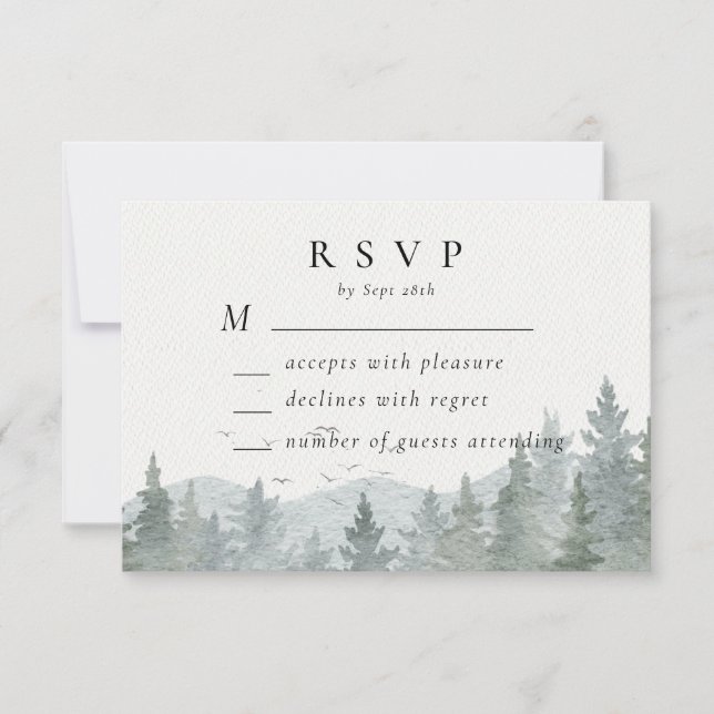 Rustikaler Pinienwald Hochzeit horizontal RSVP Karte (Vorderseite)
