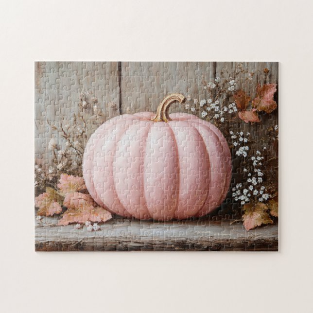 Rustikaler Pink Pumpkin Herbst Blätter Puzzle (Horizontal)