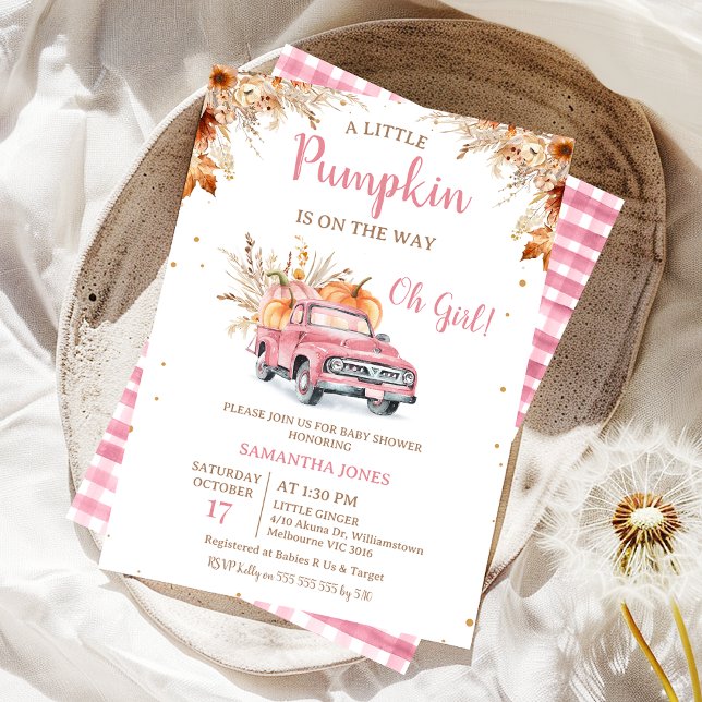 Rustikaler Pink Truck Kleine Pumpkin Baby Dusche Einladung (Editable Pink Pumpkin Truck Baby Shower Invitation Girl, Fall Little Pumpkin Baby Shower Invite,  )