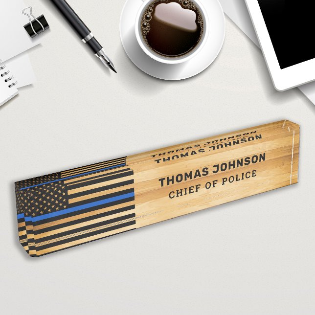 Rustikaler Polizeibeamter Thin Blue Line Flag Holz Namensplakette (Von Creator hochgeladen)
