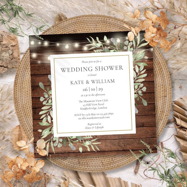 Rustikaler Polterabend aus Holz und Streichhölzern Einladung (Rustic Wood String Lights Greenery Wedding Shower Invitation)