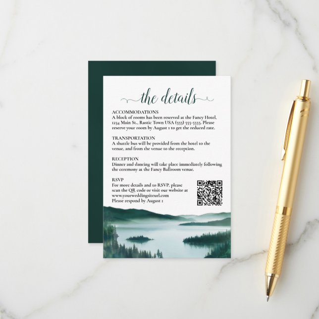 Rustikaler QR-Code für Hochzeitsdetails am Bergsee Begleitkarte (Vorderseite/Rückseite Beispiel)