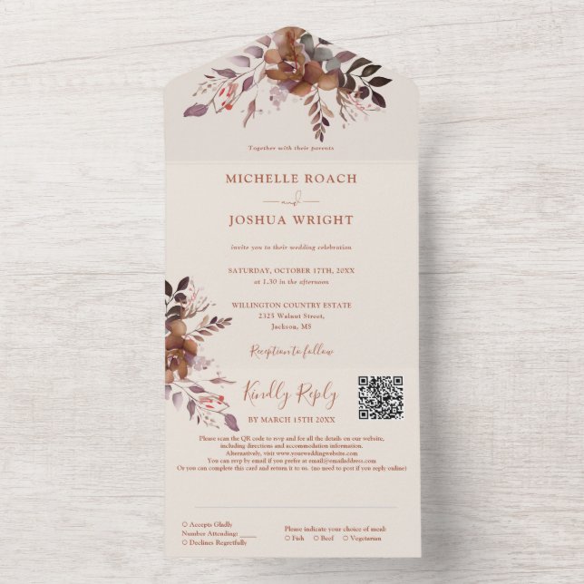 Rustikaler QR-Code Herbstliche Hochzeit im Herbst All In One Einladung (Innen Boden)
