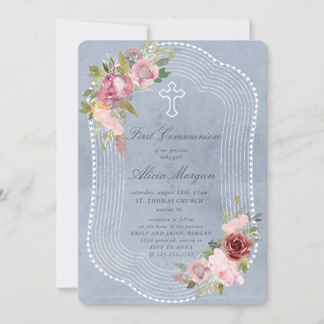 rustikaler Rahmen rosa bordeauxrote erste Kommune Einladung (Vorderseite)