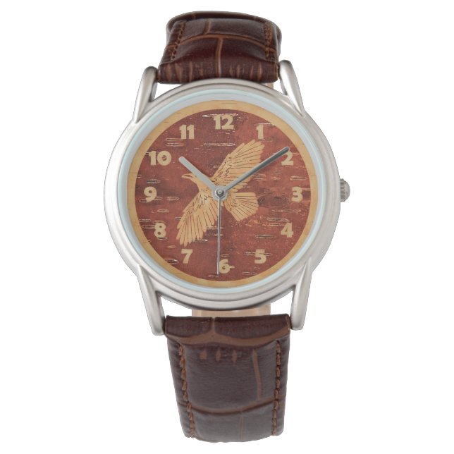 Rustikaler Raven auf der inneren Birkenrinde Armbanduhr (Vorderseite)