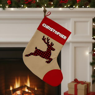 Rustikaler Red & Black Kariert Rentier Individuell Großer Weihnachtsstrumpf