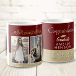 Rustikaler Red Graduate 2 Foto Abschluss Kaffeetasse<br><div class="desc">Eleganter Rustikaler Roter Glückwunsch Graduate 2 Foto Abschluss Kaffee Tasse. Elegante goldene Ornamente, rustikales Beige und dunkelroter Hintergrund. Personalisieren Sie mit dem Namen des Absolventen, Jahr der Klasse, Schulname und fügen Sie 2 Fotos Graduate hinzu - Sie können alte und neue Fotos. Machen Sie eine einzigartige Tasse für einen Absolventen...</div>
