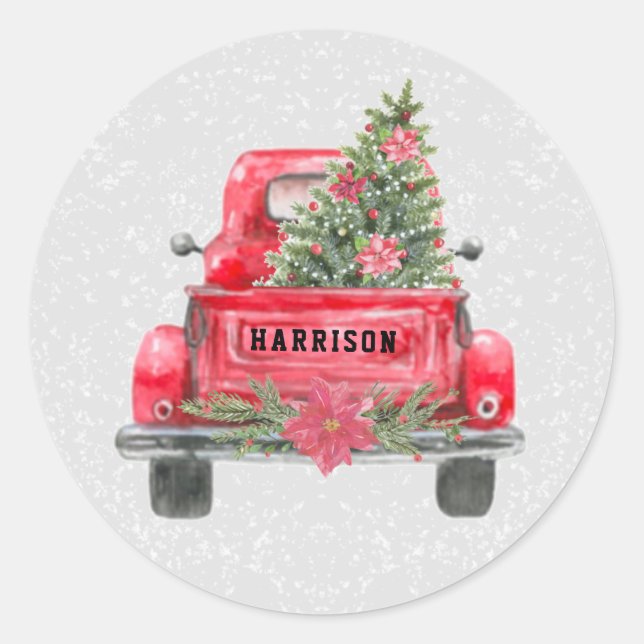 Rustikaler Red Truck Familie Name Weihnachtsbaum Runder Aufkleber (Vorderseite)