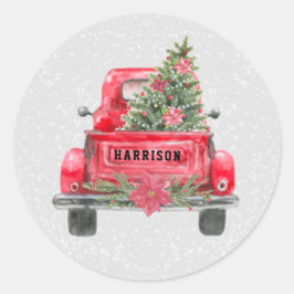 Rustikaler Red Truck Familie Name Weihnachtsbaum Runder Aufkleber