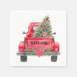 Rustikaler Red Truck Familie Name Weihnachtsbaum Serviette