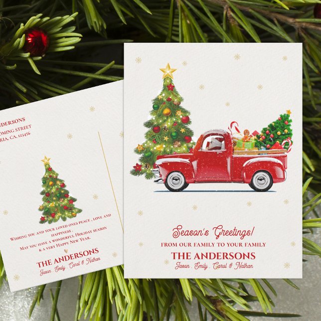 Rustikaler Red Truck Weihnachtsbaum Jahreszeit Grü Postkarte (Rustic Red Truck Christmas Tree Season’s Greetings Postcard)