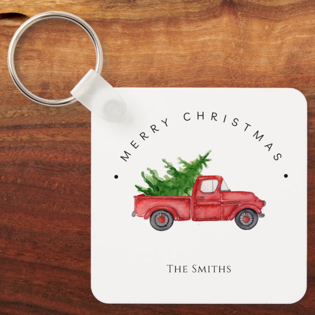Rustikaler Red Watercolor LKW mit Weihnachtsbaum Schlüsselanhänger (Vorderseite)