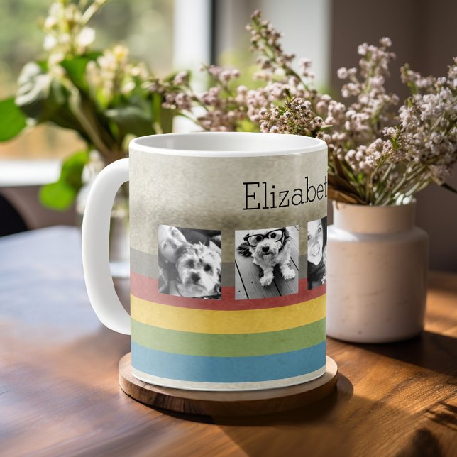 Rustikaler Regenbogen Hipster 4 Foto Benutzerdefin Kaffeetasse (Mug template with a place for photos and custom text)