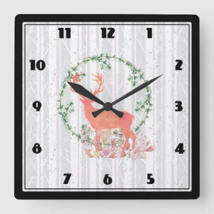 Rustikaler Reindeer Boho Wassercolor Quadratische Wanduhr