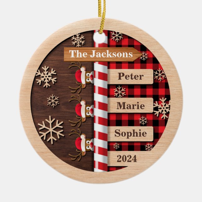 Rustikaler Reindeer Karierte Weihnachtszeit Keramik Ornament (Vorne)