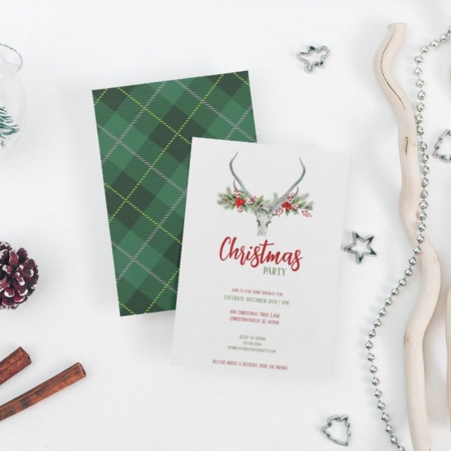 Rustikaler Rentierskull mit Kariertem Weihnachtsge Feiertagskarte (Von Creator hochgeladen)