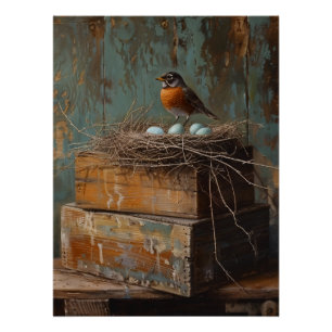 Rustikaler Robin und Nest Dekupage Poster