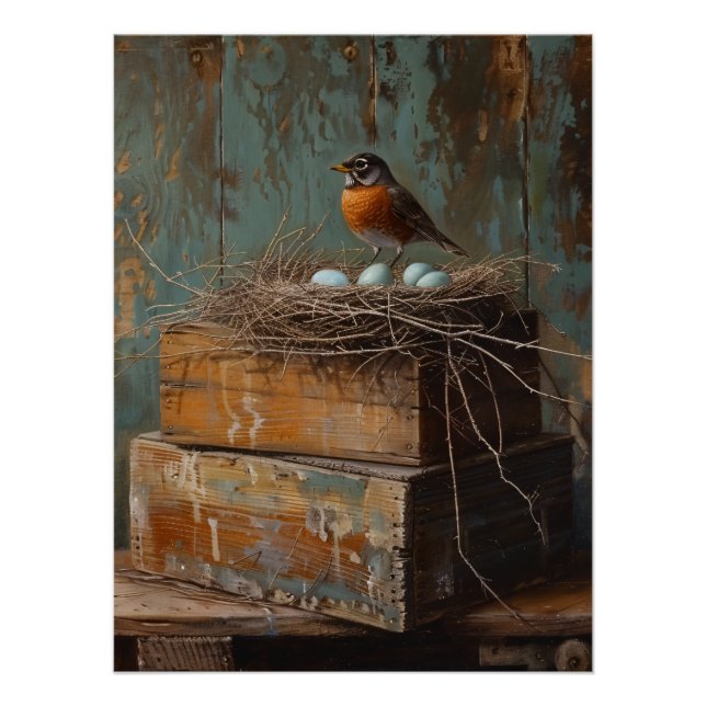 Rustikaler Robin und Nest Dekupage Poster (Vorderseite)