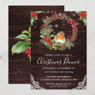 Rustikaler Robin und Weihnachtslorbeerkranz Einladung