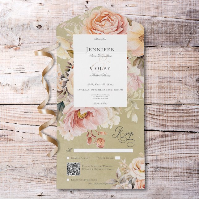 Rustikaler Romantischer Rosa- und Blütencode Rose  All In One Einladung (Rustic Romantic Pink & Blush Roses Green QR Code All In One Invitation)