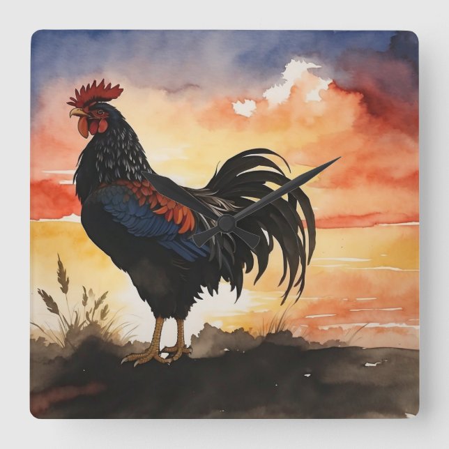 Rustikaler Rooster-Sonnenaufgang Quadratische Wanduhr (Vorderseite)