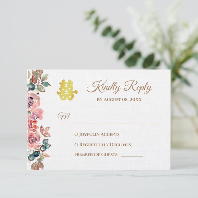 Rustikaler rosa Blumenkranz Chinesische Hochzeit RSVP Karte (Stehend Vorderseite)
