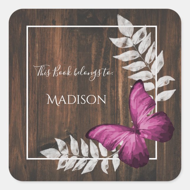 Rustikaler Rosa Schmetterling Buchsticker Quadratischer Aufkleber (Vorderseite)