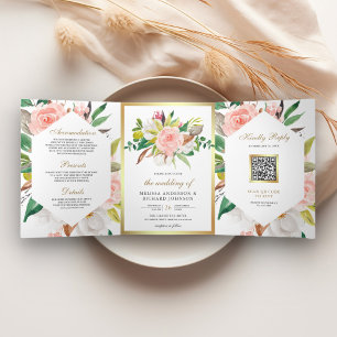 Rustikaler Rosé-Blumen-Hochzeit mit goldenem QR-Co Dreifach Gefaltete Einladung