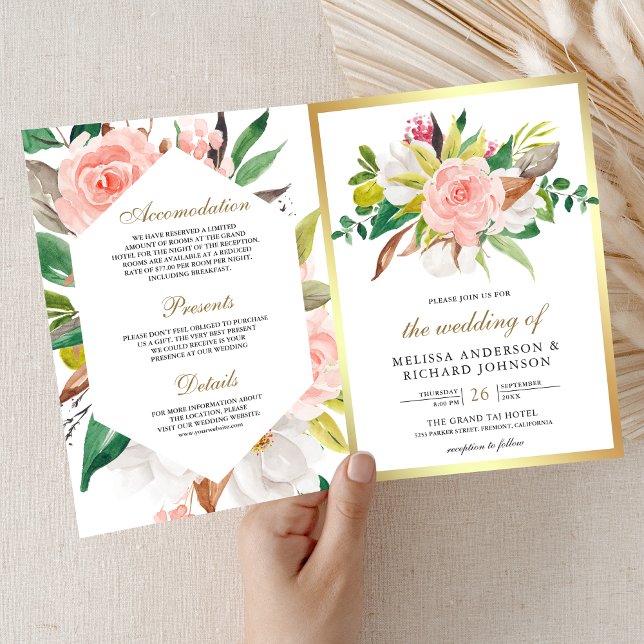 Rustikaler Rosé-Blumen-Hochzeit mit goldenem QR-Co Einladung (Von Creator hochgeladen)