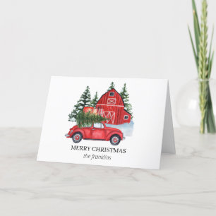 Rustikaler roter Auto Fröhlicher Weihnachtsbaum Sc Feiertagskarte