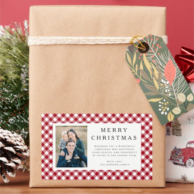 Rustikaler roter Gingham-Foto-Weihnachten Rechteckiger Aufkleber (Feiertag)