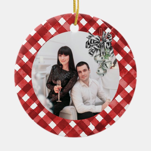 Rustikaler Roter Gingham Noël Keramik Ornament (Vorne)