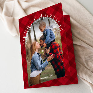 Rustikaler roter Karo-Bogen-Foto-Weihnachten Feiertagskarte