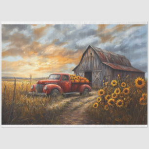 Rustikaler roter LKW mit Kürbissen und Sonnenblume Seidenpapier