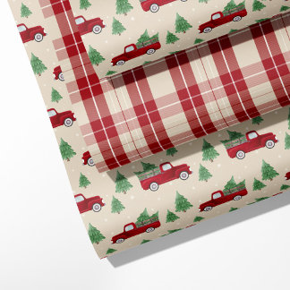 Rustikaler roter LKW & Weihnachtskariert Geschenkpapier Set