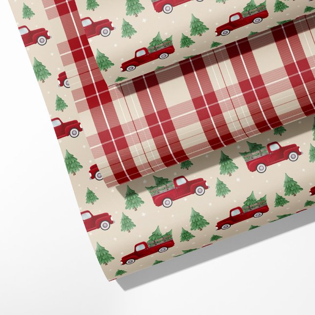 Rustikaler roter LKW & Weihnachtskariert  Geschenkpapier Set (Von Creator hochgeladen)