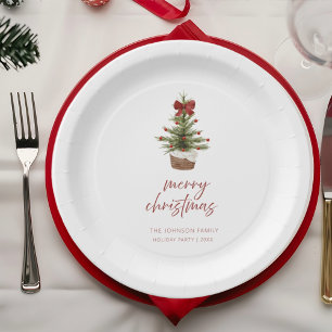Rustikaler roter Schleifen-Weihnachtsbaum-Feiertag Pappteller