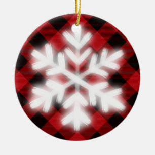 Rustikaler Roter Tartan karierte Schneeflocke Deta Keramik Ornament