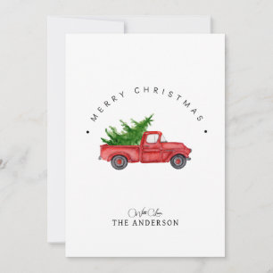 Rustikaler roter Wasserfarben-LKW mit Weihnachtsba Feiertagskarte